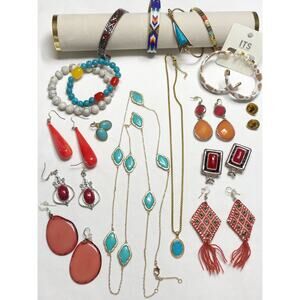VTG 17pc Southwestern Turquoise Red Coral Gold Tone Jewelry Necklace Earring Lot
